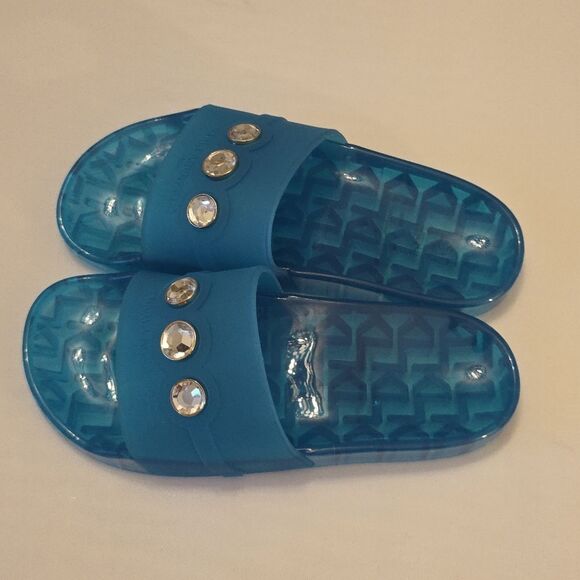 BRAND NEW KARL LAGERFELD TEAL SLIDE with CRYSTAL DETAILS SANDAL R3 - Picture 14 of 16